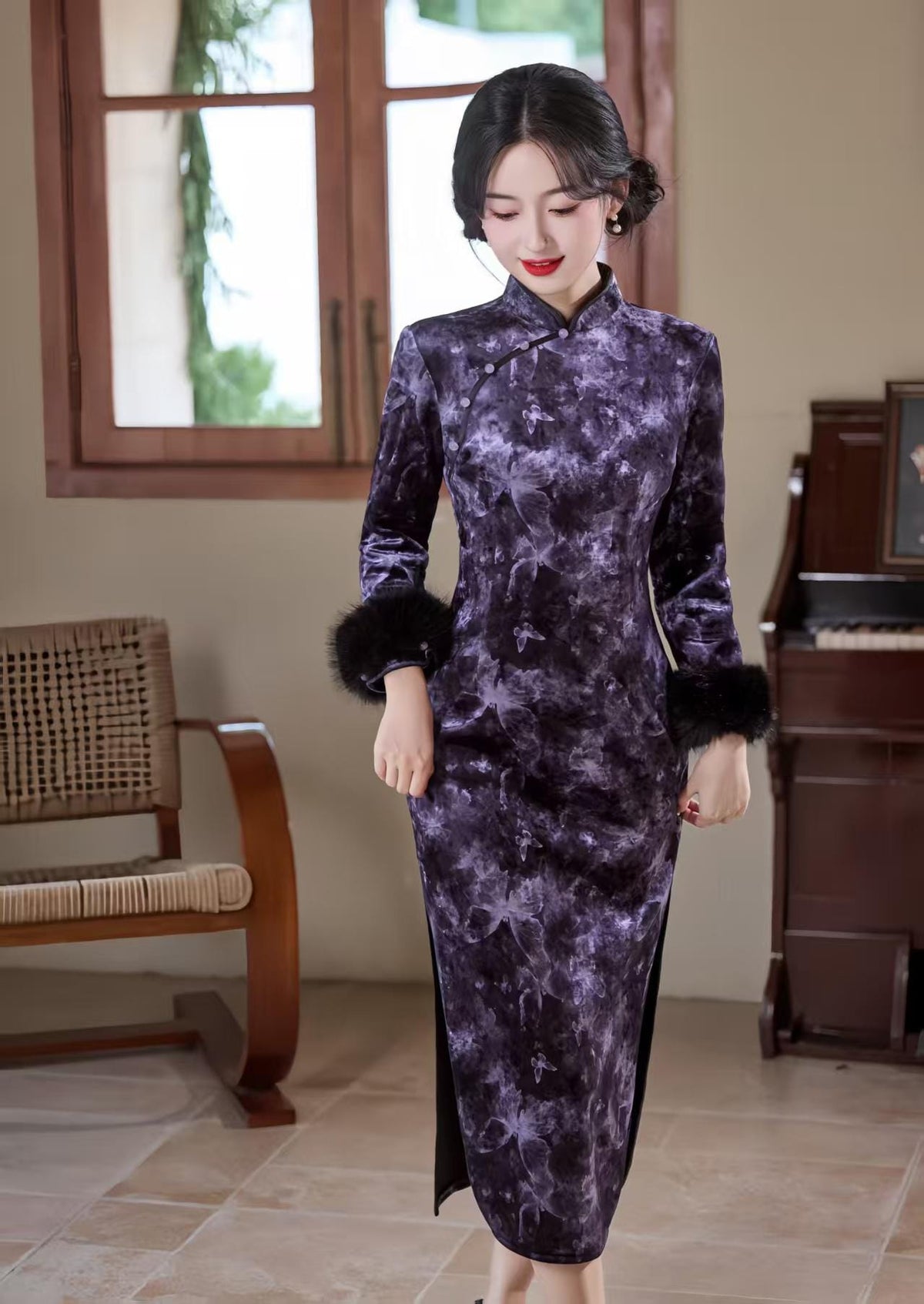 Women's Purple Floral Velvet Qipao Cheongsam Dress – Long Sleeve – additional product view