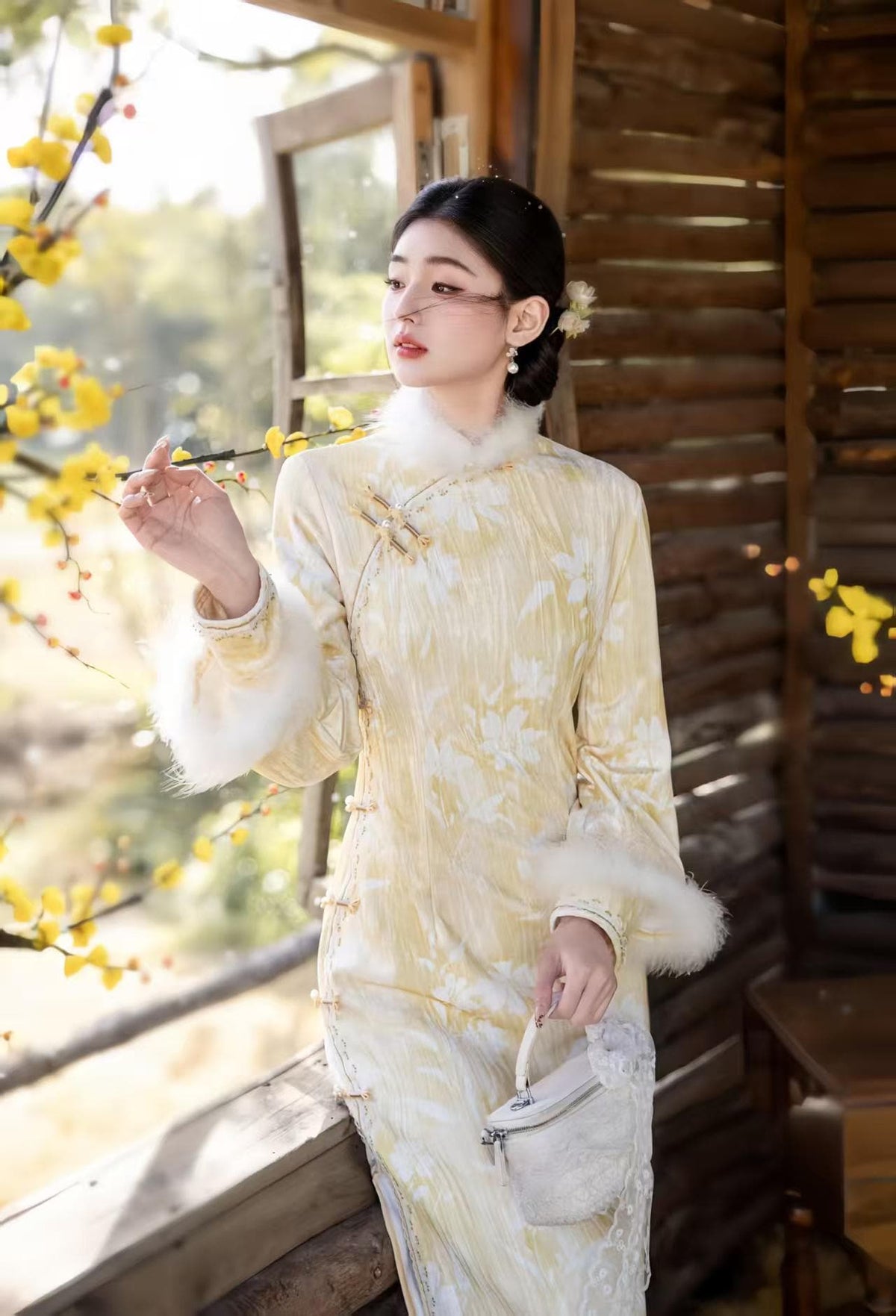 Women's Floral Velvet Qipao Cheongsam Dress – Long Sleeve