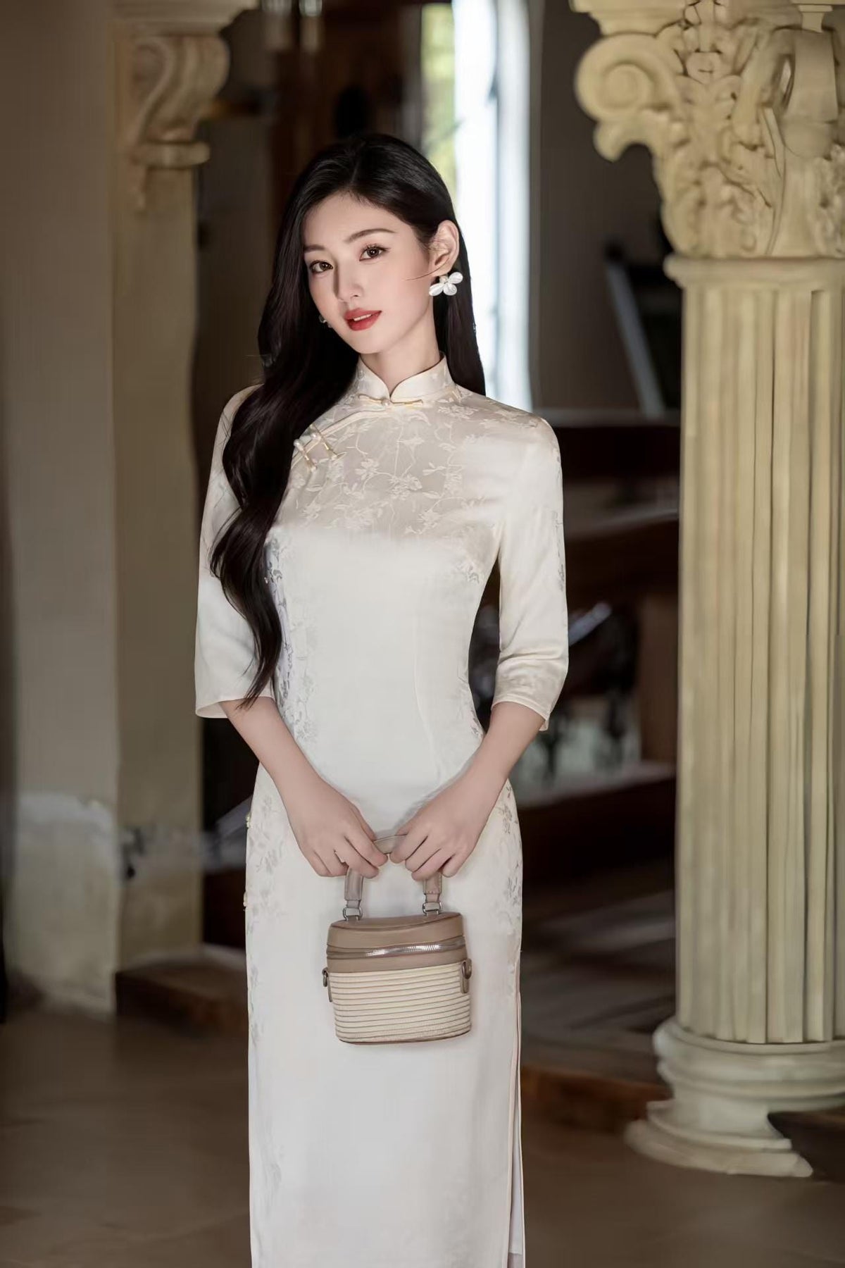 Women's White Floral Qipao Cheongsam Dress – Jacquard – additional product view