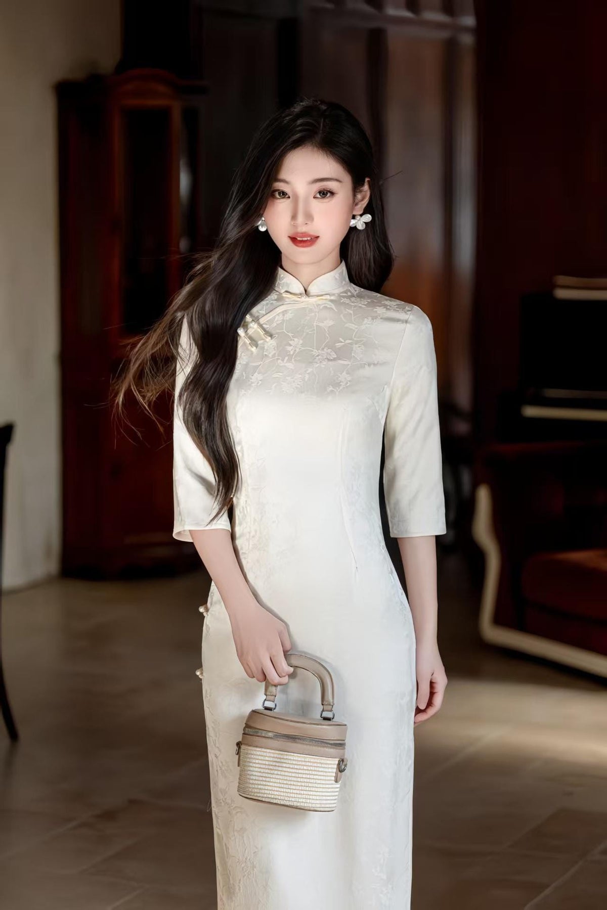 Women's White Floral Qipao Cheongsam Dress – Jacquard – additional product view