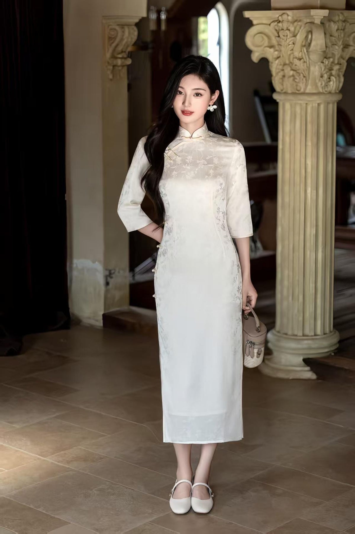Women's White Floral Qipao Cheongsam Dress – Jacquard