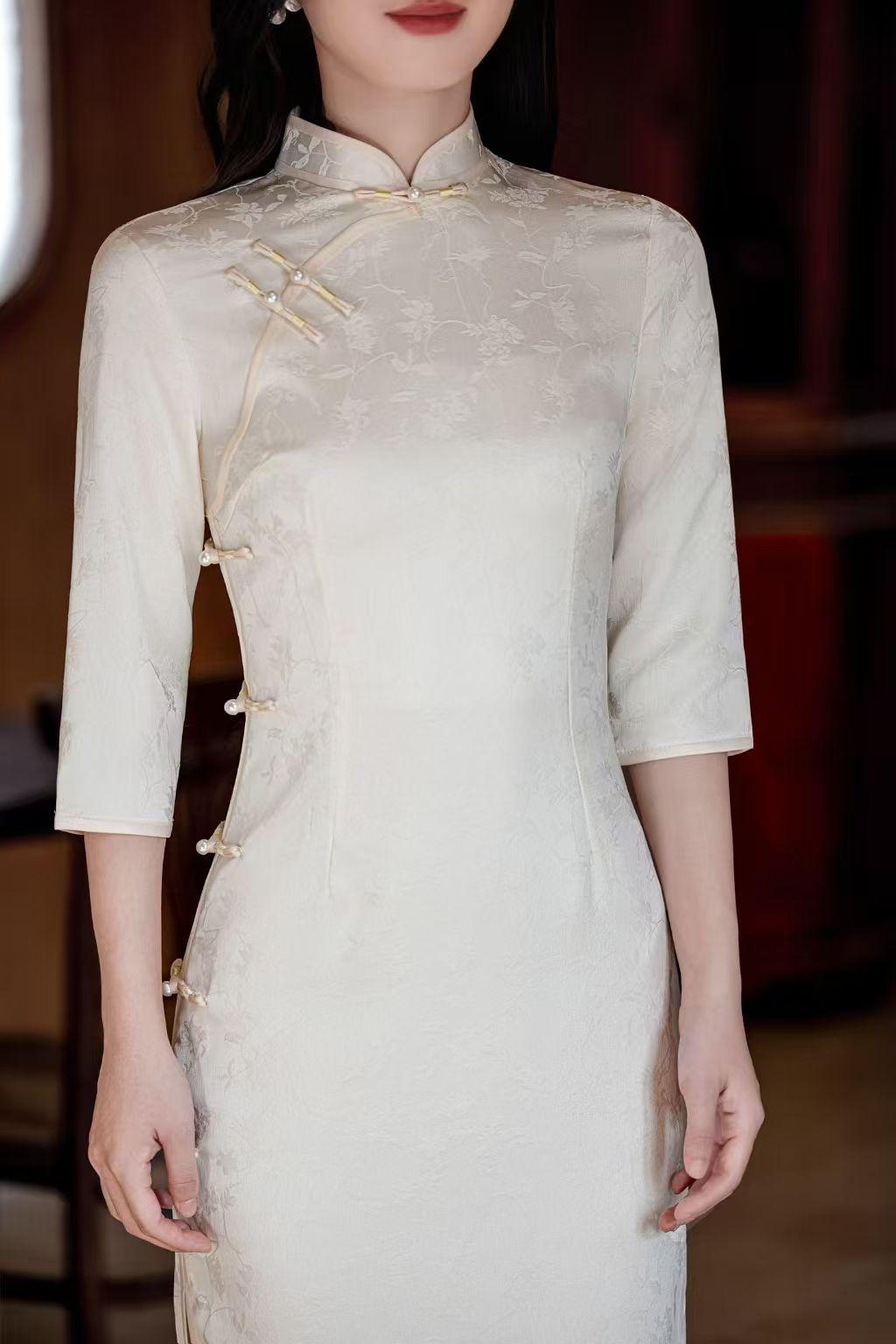 Women's White Floral Qipao Cheongsam Dress – Jacquard – additional product view