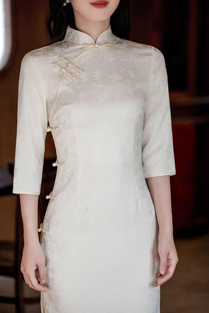 Women's White Floral Qipao Cheongsam Dress – Jacquard – additional product view