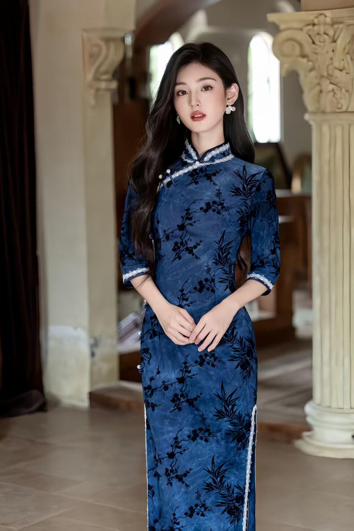 Women's Floral Velvet Qipao Cheongsam Dress – Floral Embroidery Mandarin Collar Fall Winter – additional product view