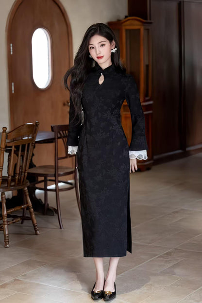 Women's Red Floral Velvet Qipao Cheongsam Dress – Floral Embroidery Fall Winter – additional product view