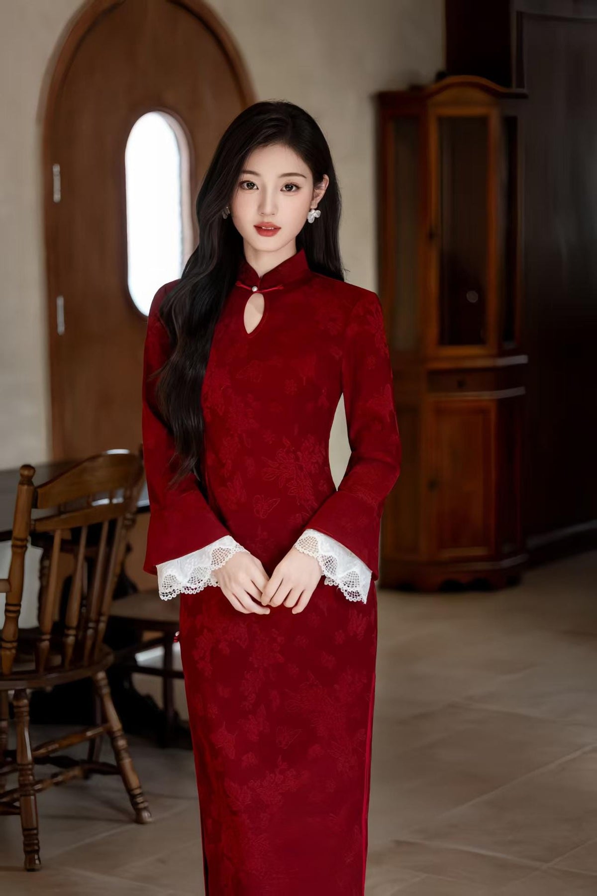 Women's Red Floral Velvet Qipao Cheongsam Dress – Floral Embroidery Fall Winter – additional product view