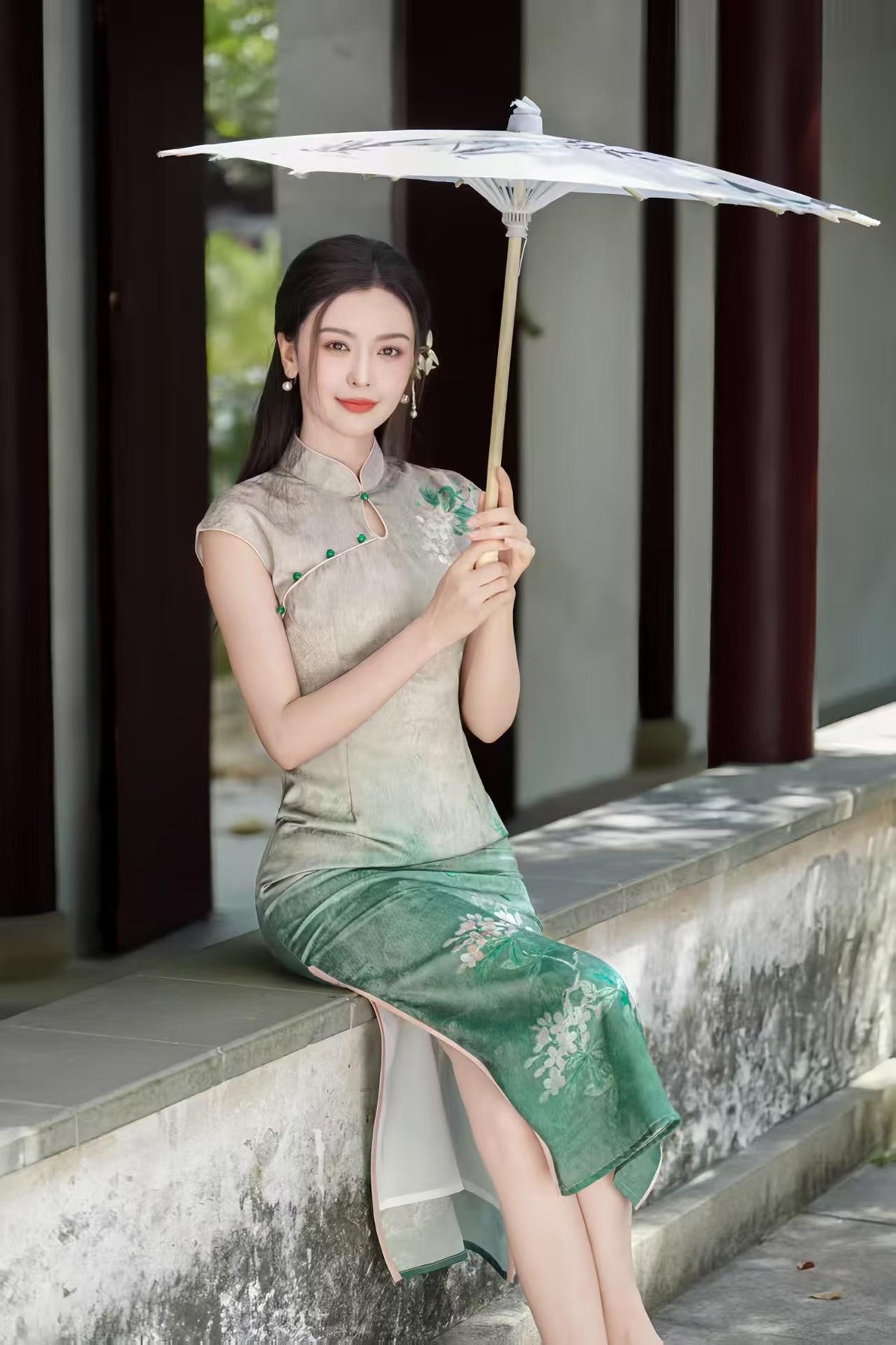 Women's Green Floral Satin Qipao Cheongsam Dress – Midi – additional product view