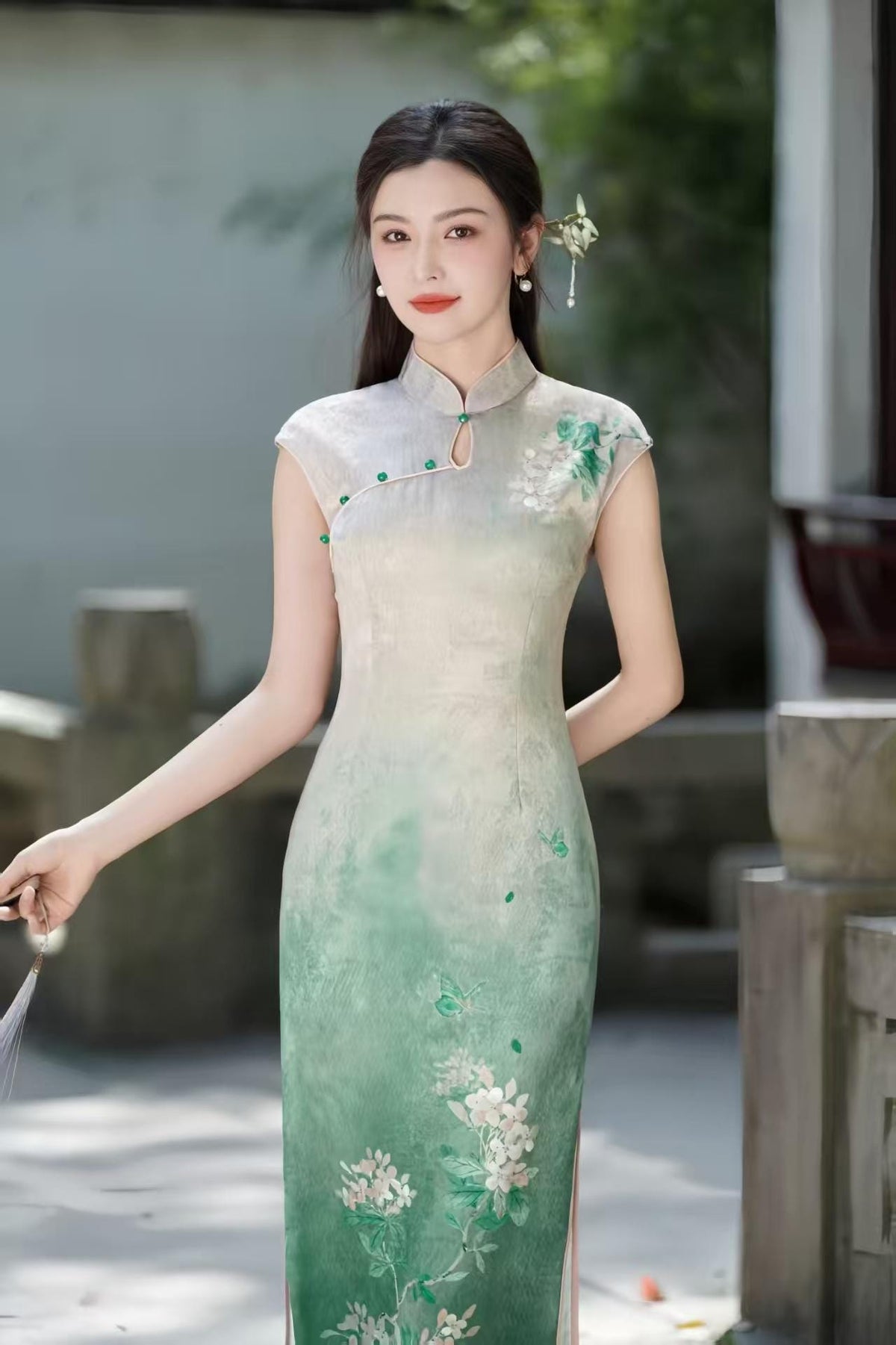 Women's Green Floral Satin Qipao Cheongsam Dress – Midi – additional product view