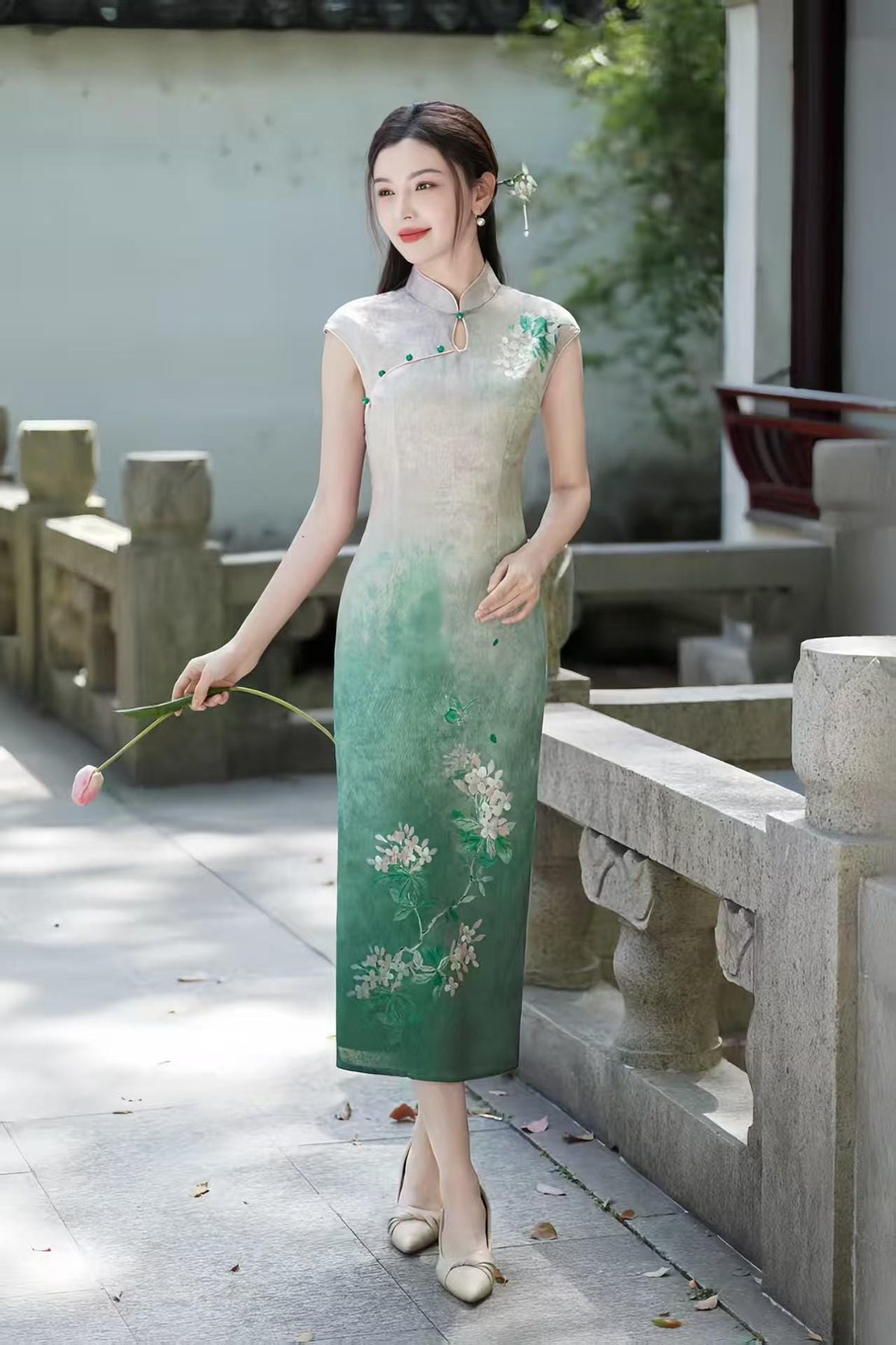 Women's Green Floral Satin Qipao Cheongsam Dress – Midi