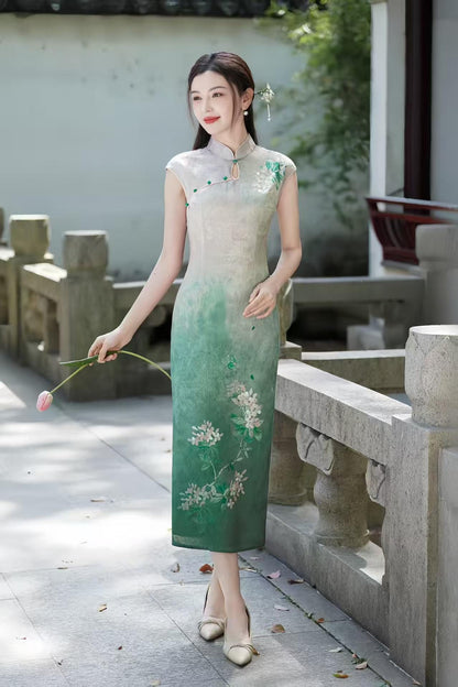 Women's Green Floral Satin Qipao Cheongsam Dress – Midi