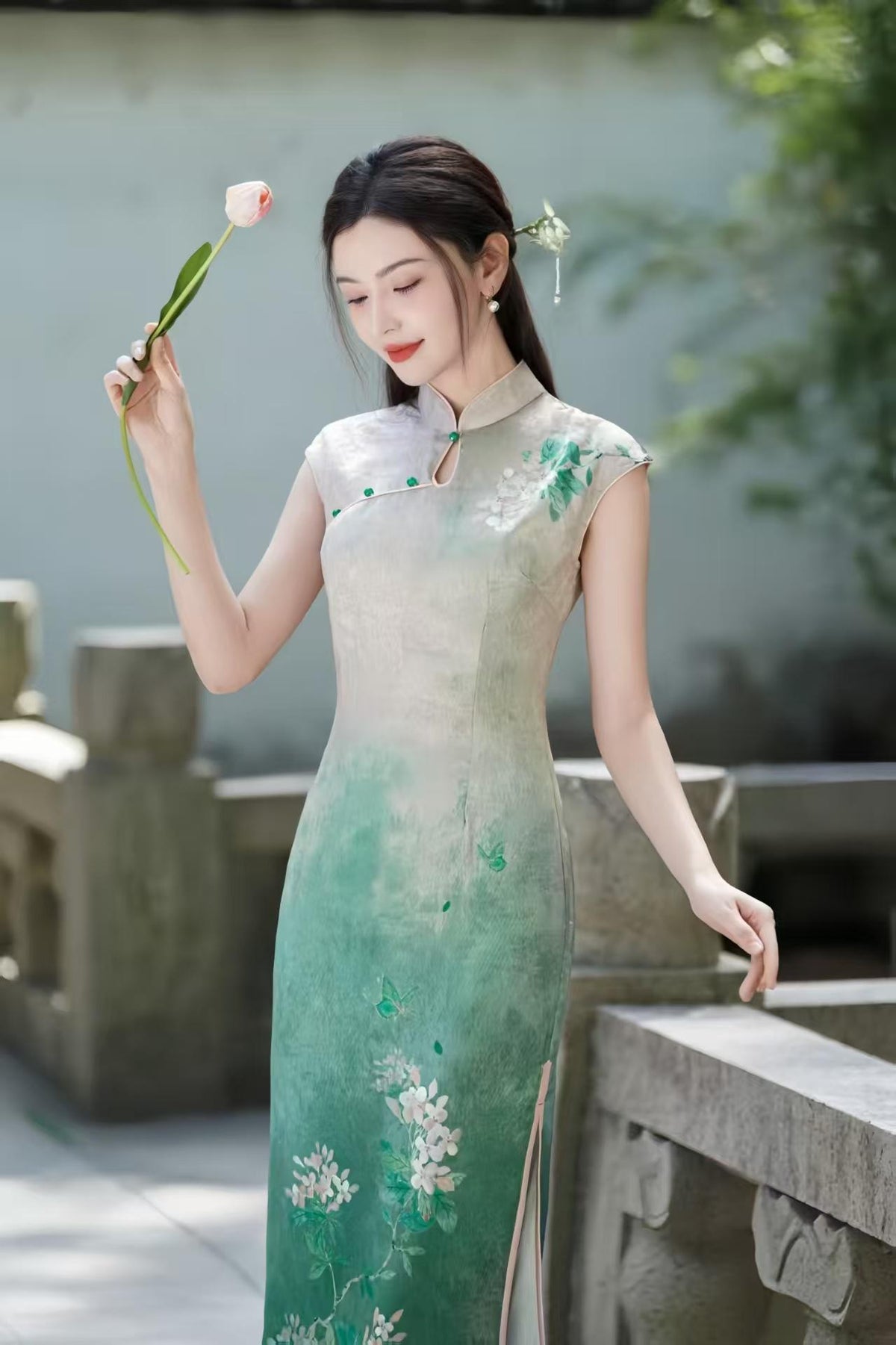 Women's Green Floral Satin Qipao Cheongsam Dress – Midi – additional product view