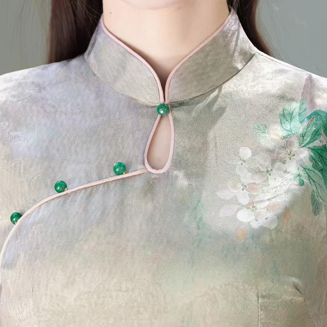 Women's Green Floral Satin Qipao Cheongsam Dress – Midi – additional product view