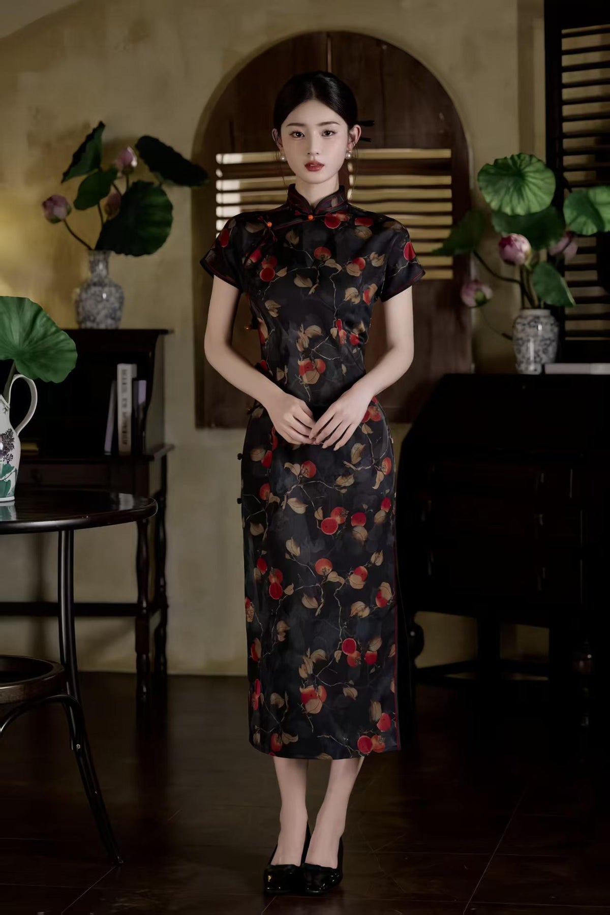 Women's Black Elegant Satin Qipao Cheongsam Dress