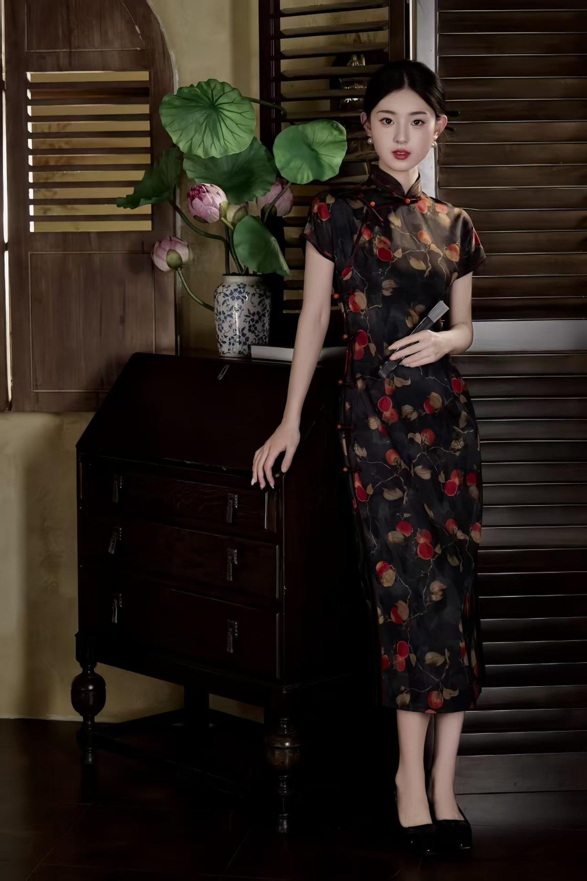 Women's Black Elegant Satin Qipao Cheongsam Dress – additional product view
