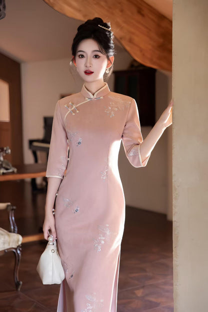 Women's Blue Floral Qipao Cheongsam Dress – Embroidered Winter – additional product view