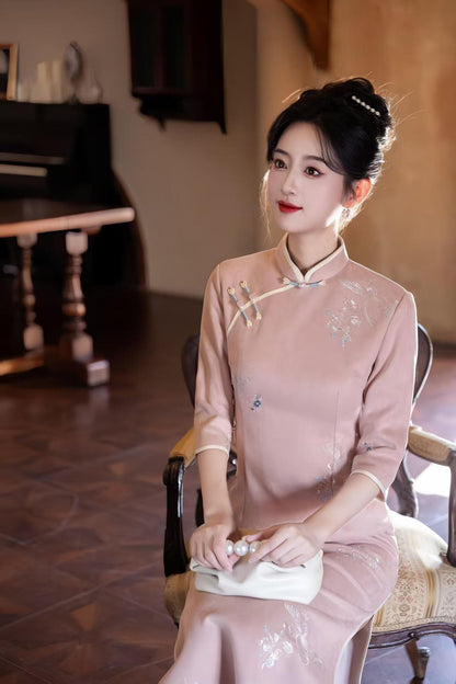 Women's Blue Floral Qipao Cheongsam Dress – Embroidered Winter – additional product view