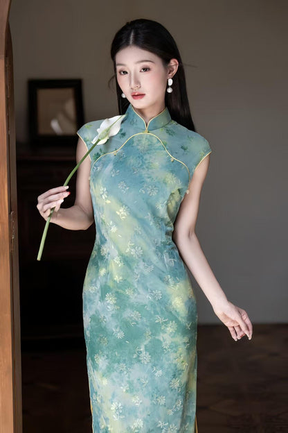 Women's Green Floral Velvet Qipao Cheongsam Dress – additional product view