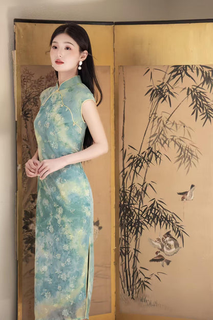 Women's Green Floral Velvet Qipao Cheongsam Dress – additional product view