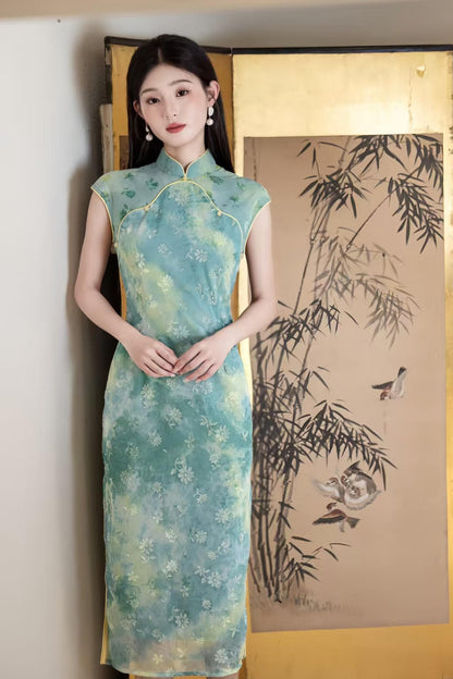 Women's Green Floral Velvet Qipao Cheongsam Dress – additional product view