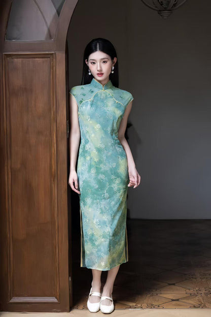 Women's Green Floral Velvet Qipao Cheongsam Dress