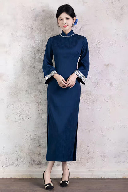 Women's Blue Jacquard Qipao Cheongsam Dress – Midi Fall Winter – additional product view