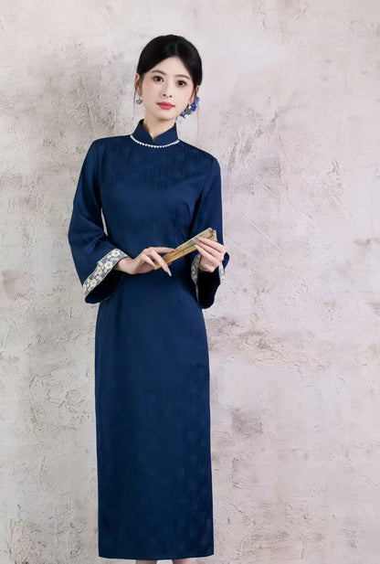 Women's Blue Jacquard Qipao Cheongsam Dress – Midi Fall Winter – additional product view