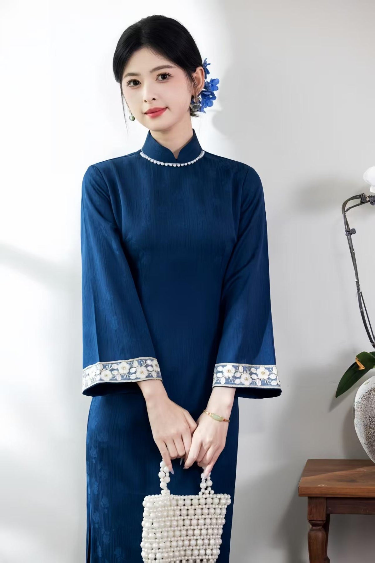 Women's Blue Jacquard Qipao Cheongsam Dress – Midi Fall Winter – additional product view