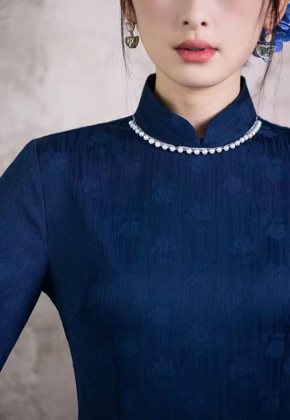 Women's Blue Jacquard Qipao Cheongsam Dress – Midi Fall Winter – additional product view
