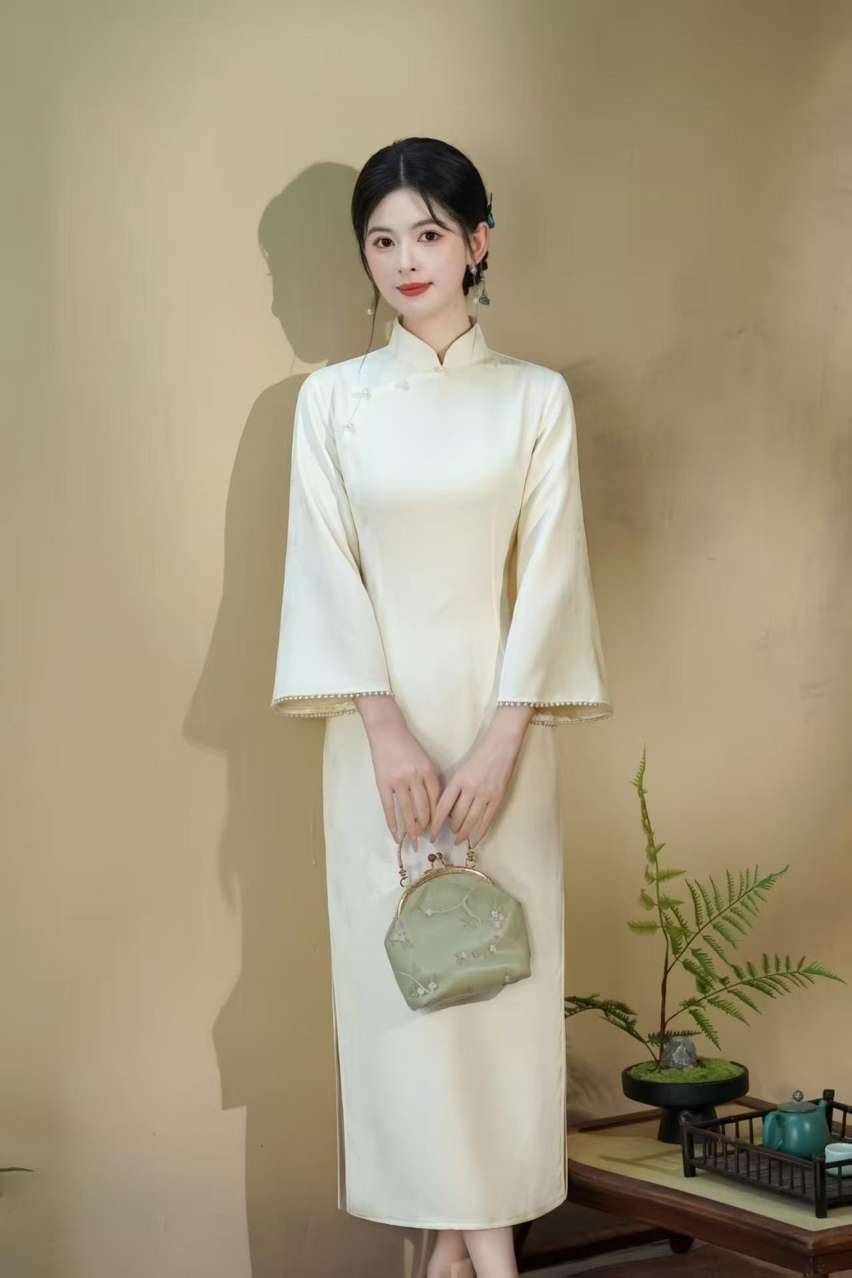 Women's Blue Elegant Satin Qipao Cheongsam Dress – additional product view