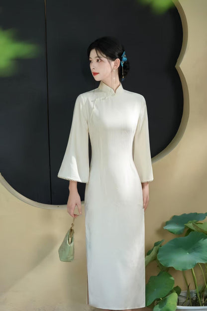 Women's Blue Elegant Satin Qipao Cheongsam Dress – additional product view