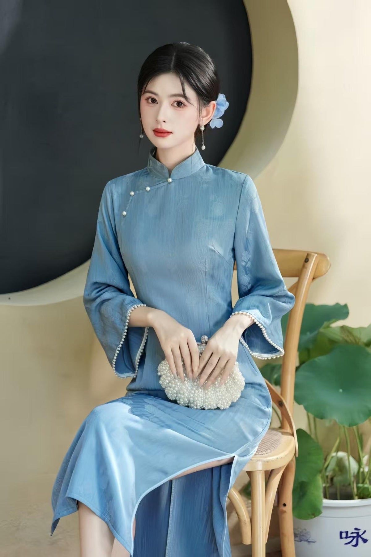 Women's Blue Elegant Satin Qipao Cheongsam Dress – additional product view