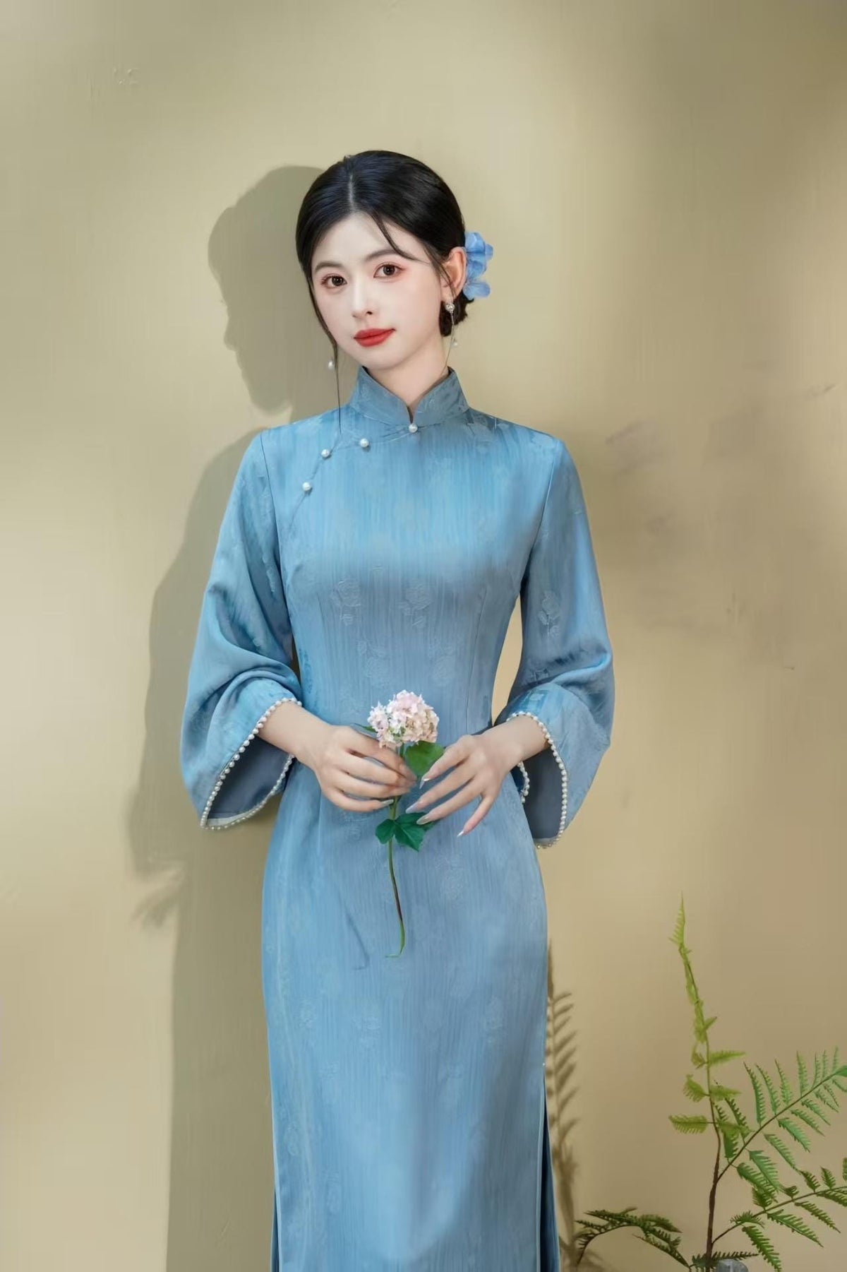 Women's Blue Elegant Satin Qipao Cheongsam Dress – additional product view