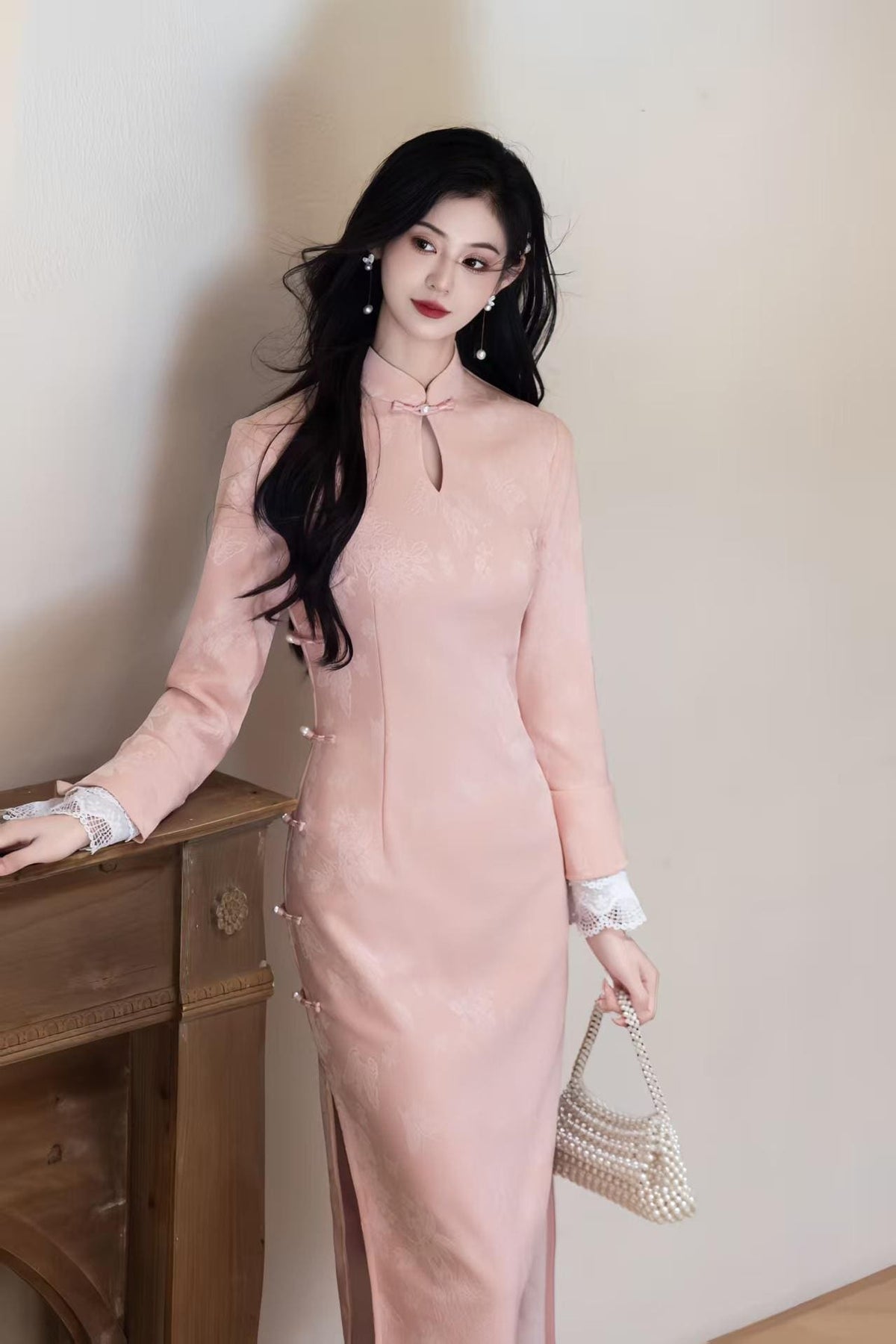 Pink Brocade Qipao Dress with Lace Cuffs