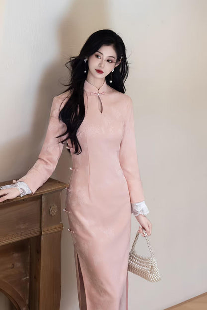 Pink Brocade Qipao Dress with Lace Cuffs