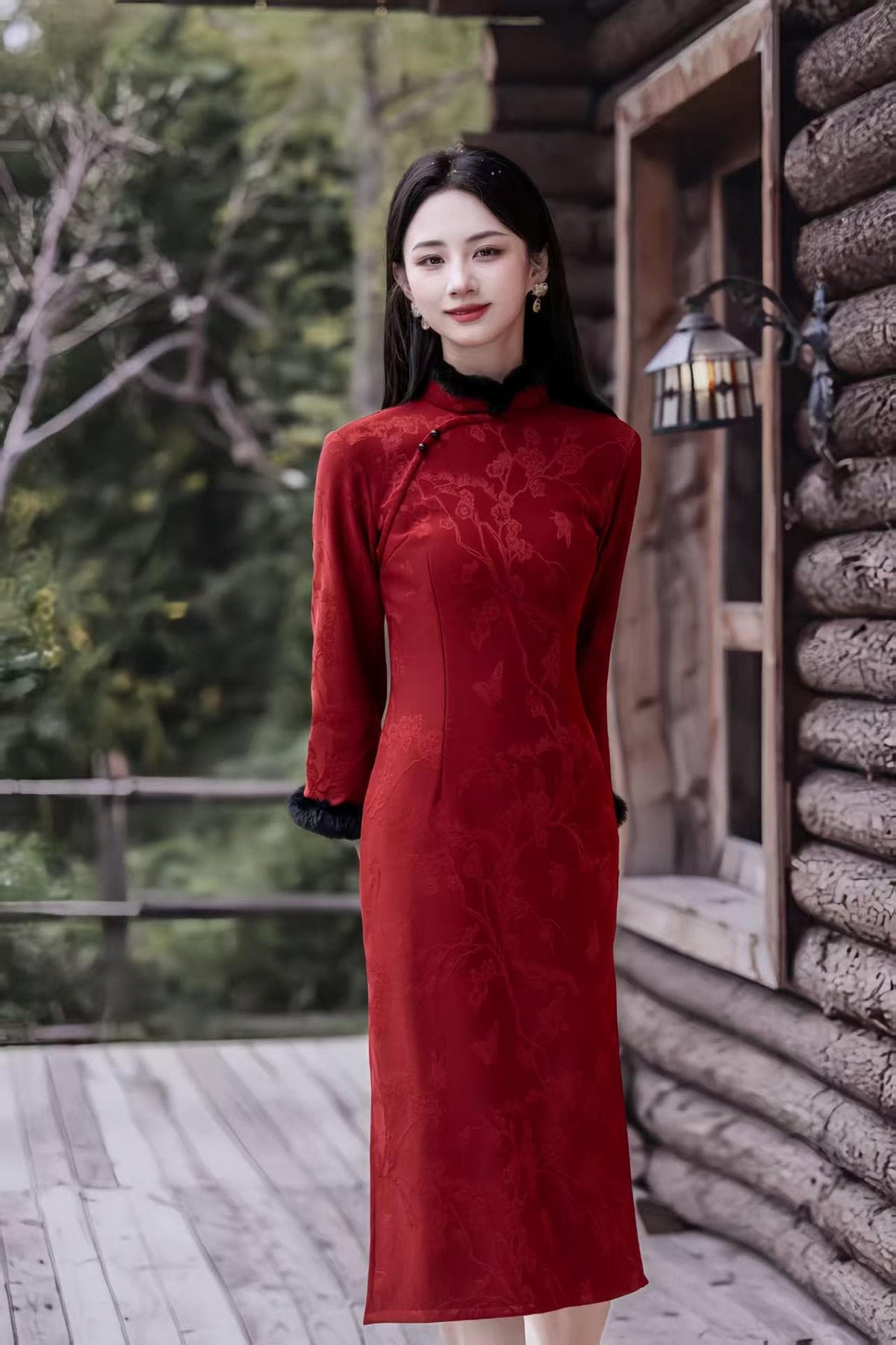 Women's Red Jacquard Qipao Cheongsam Dress – Winter – additional product view