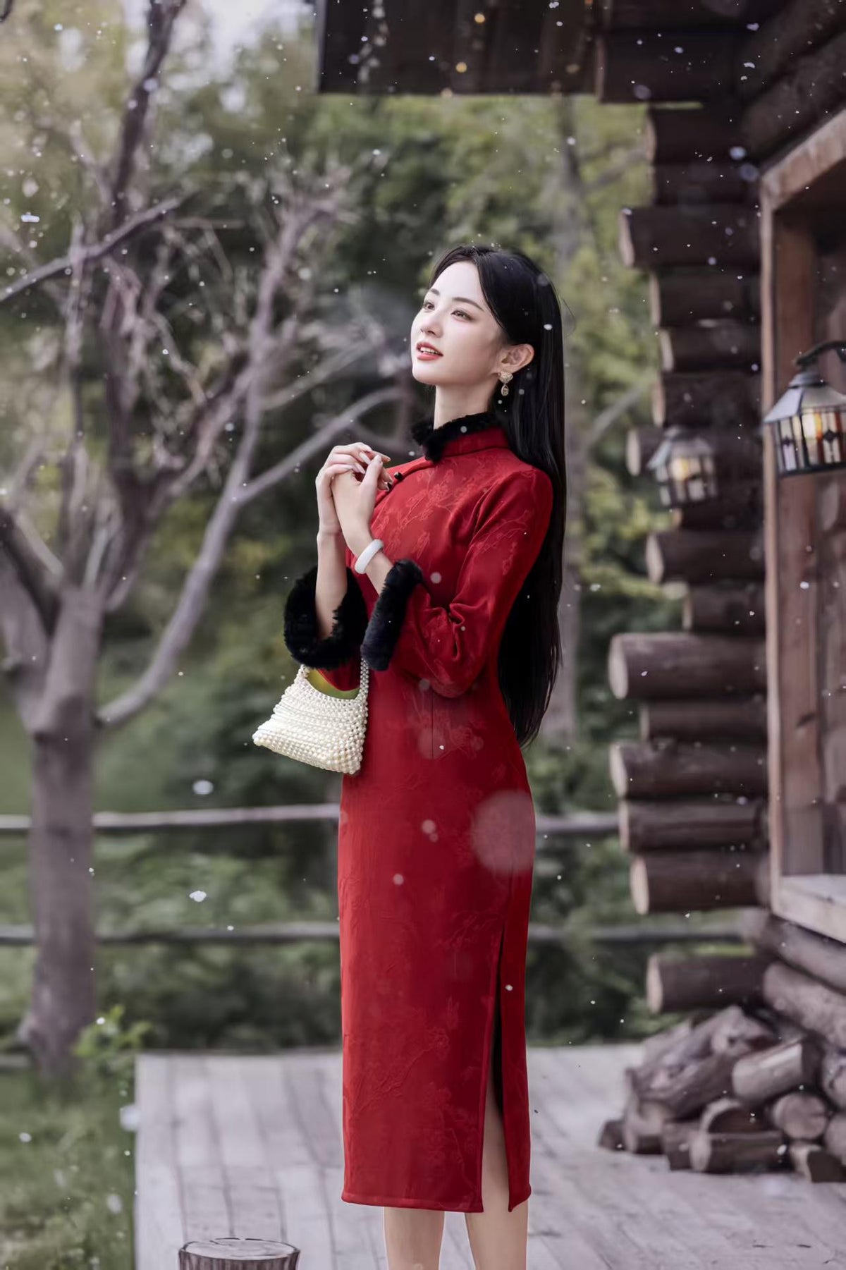 Women's Red Jacquard Qipao Cheongsam Dress – Winter – additional product view