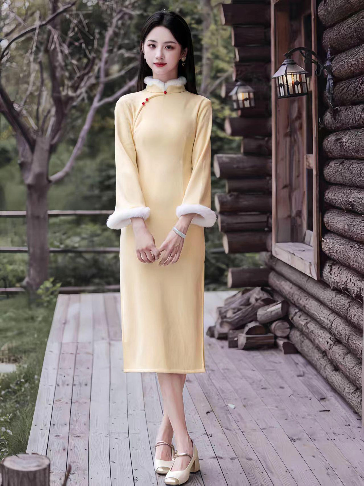 Women's Red Jacquard Qipao Cheongsam Dress – Winter – additional product view