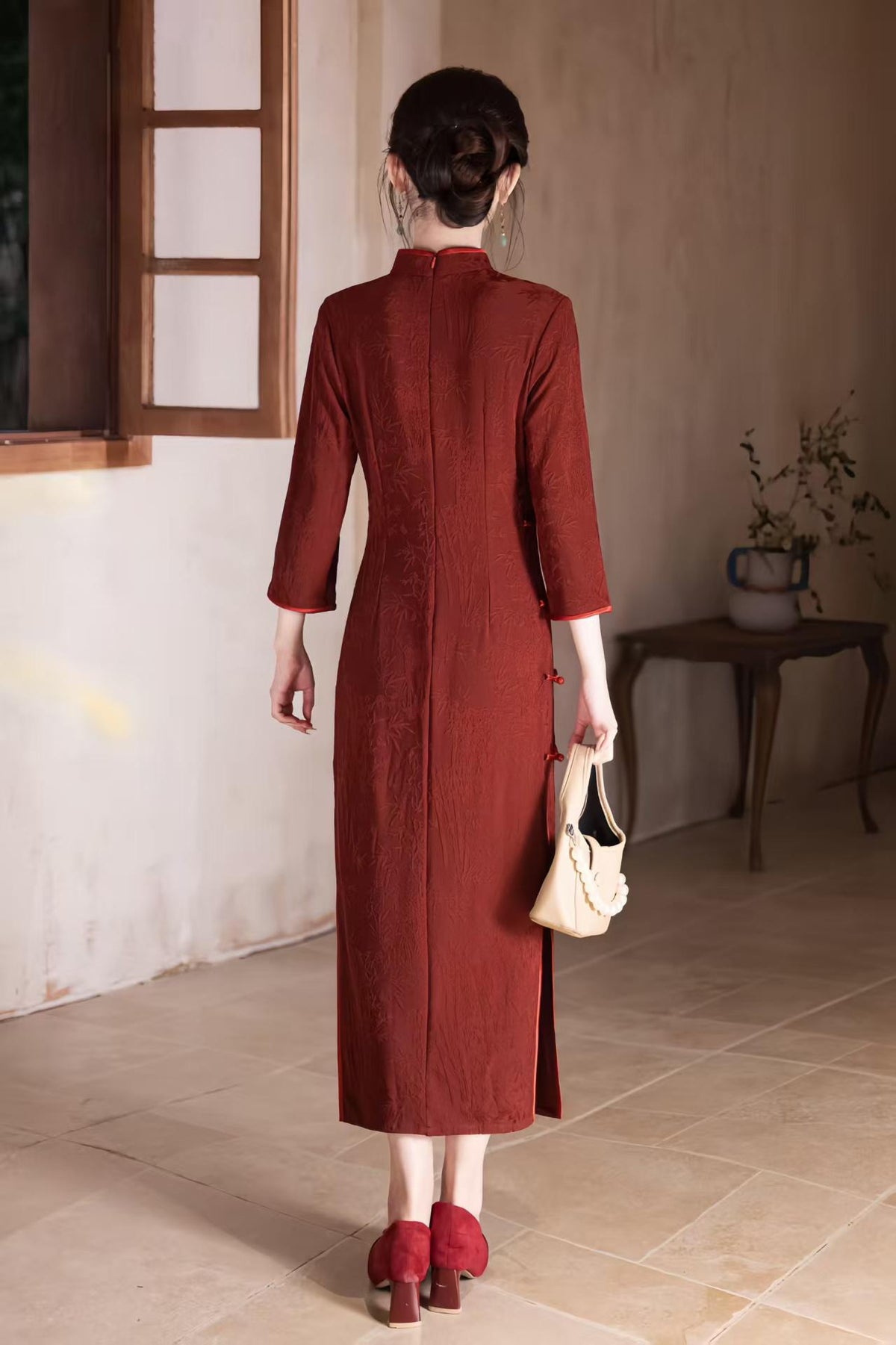 Women's Black Jacquard Qipao Cheongsam Dress – Midi Fitted – additional product view