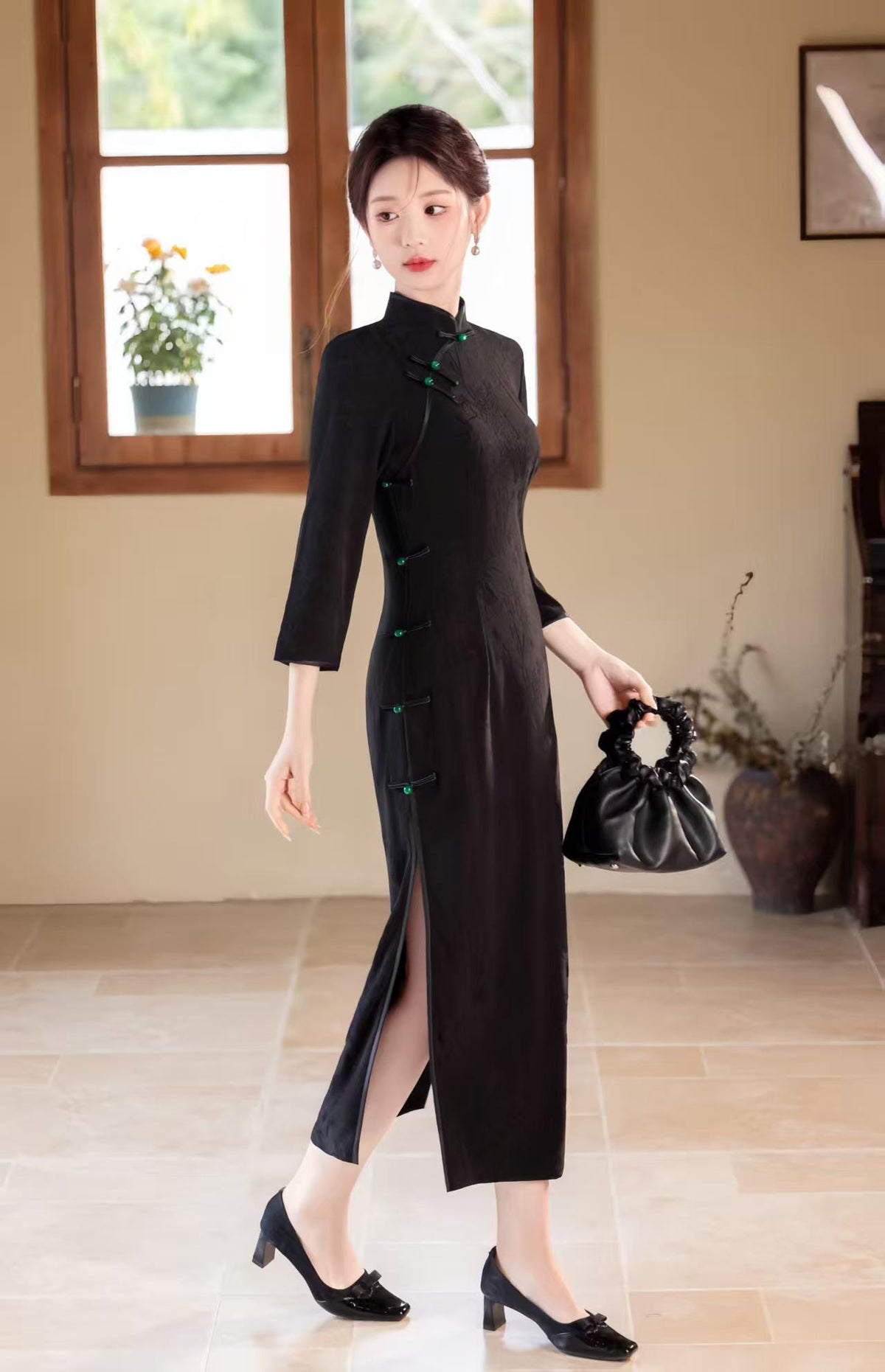 Women's Black Jacquard Qipao Cheongsam Dress – Midi Fitted – additional product view