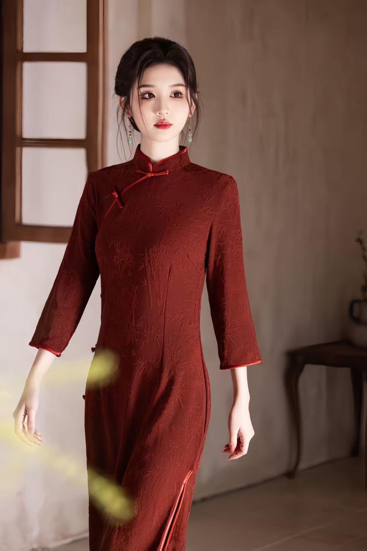 Women's Black Jacquard Qipao Cheongsam Dress – Midi Fitted – additional product view
