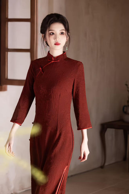 Women's Black Jacquard Qipao Cheongsam Dress – Midi Fitted – additional product view