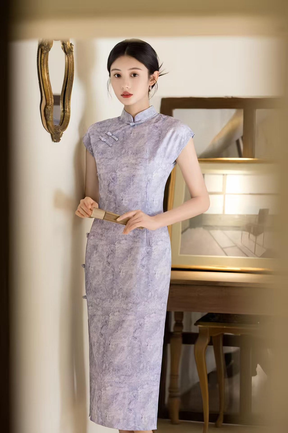 Women's Purple Elegant Qipao Cheongsam Dress – Linen Fitted – additional product view