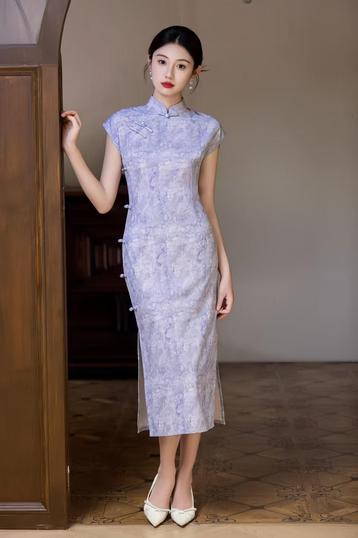 Women's Purple Elegant Qipao Cheongsam Dress – Linen Fitted – additional product view