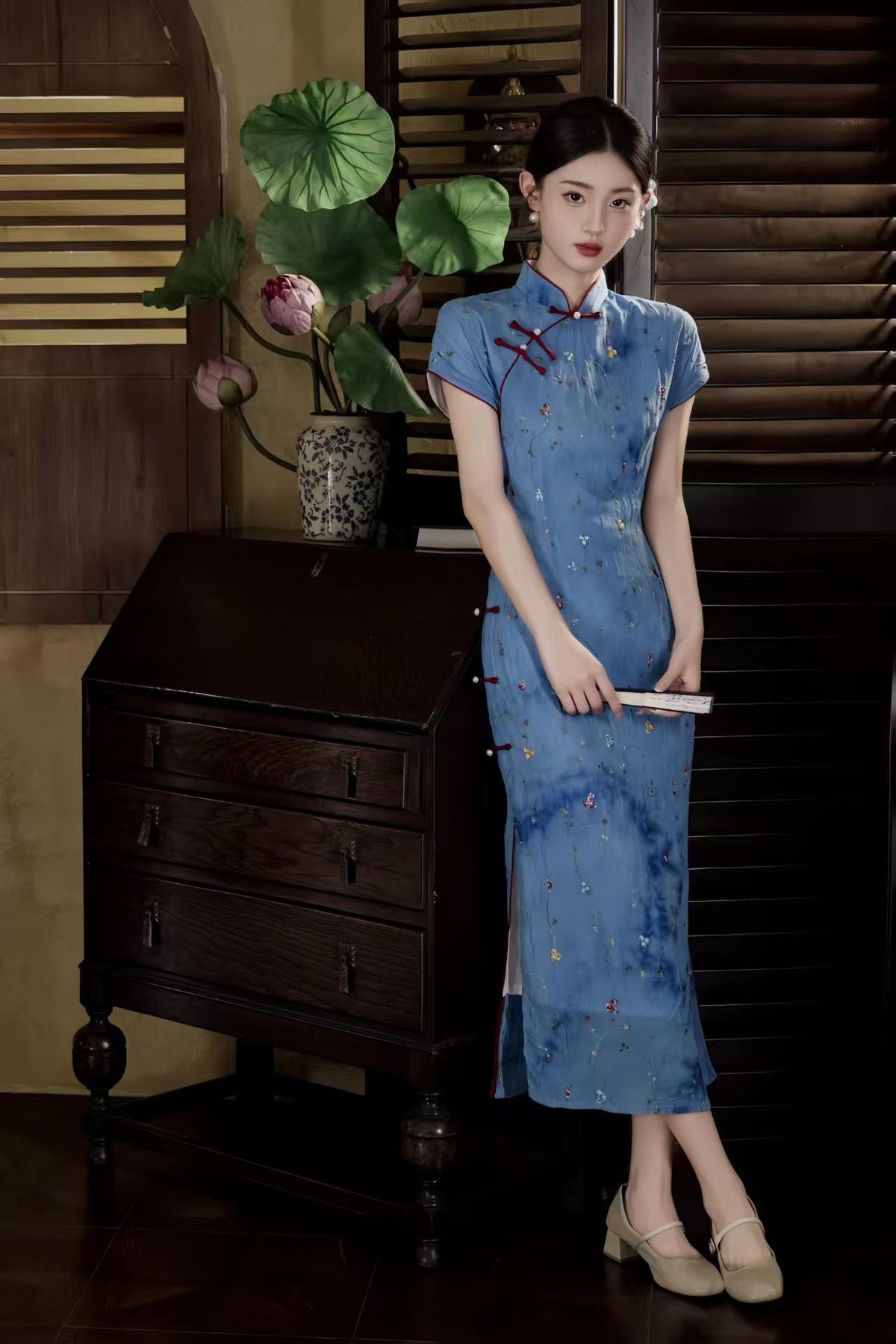 Women's Blue Floral Qipao Cheongsam Dress – additional product view