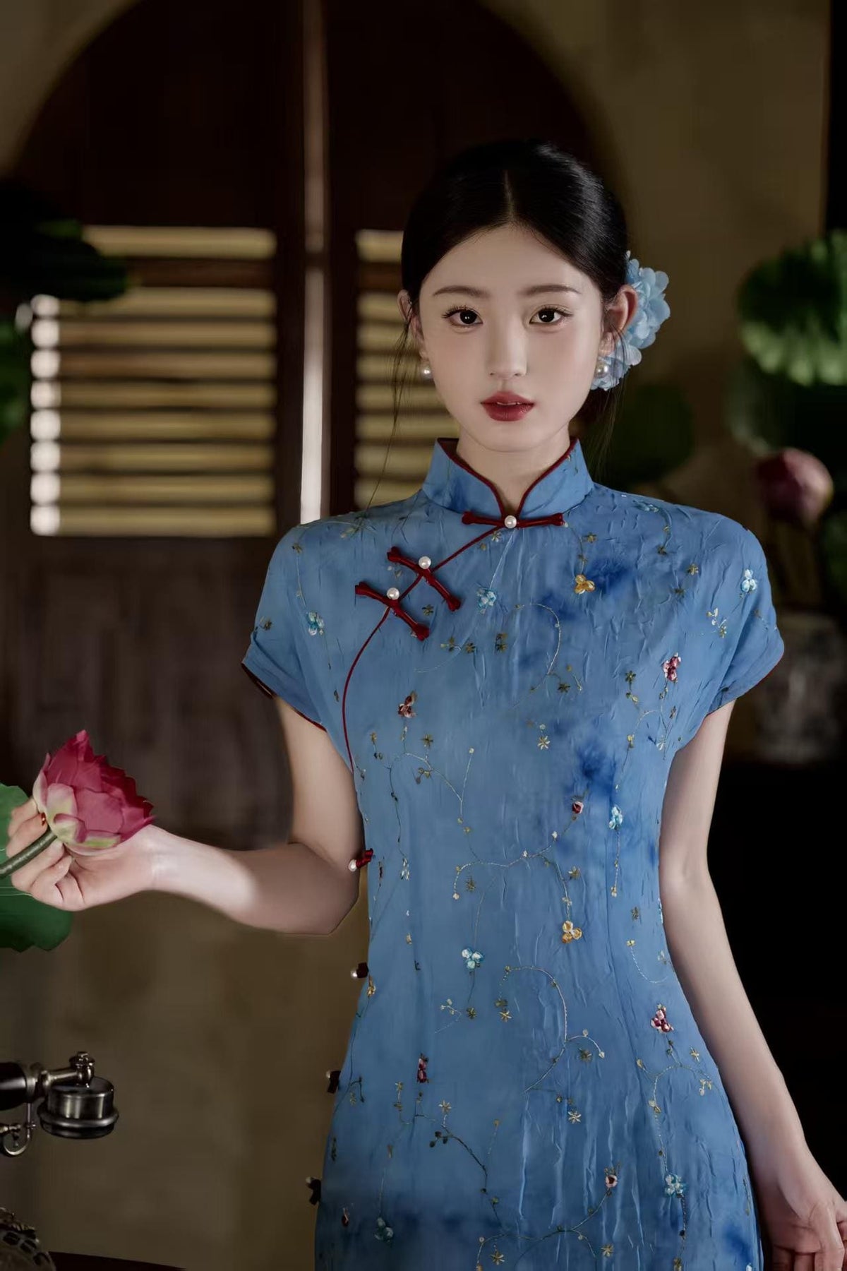 Women's Blue Floral Qipao Cheongsam Dress – additional product view
