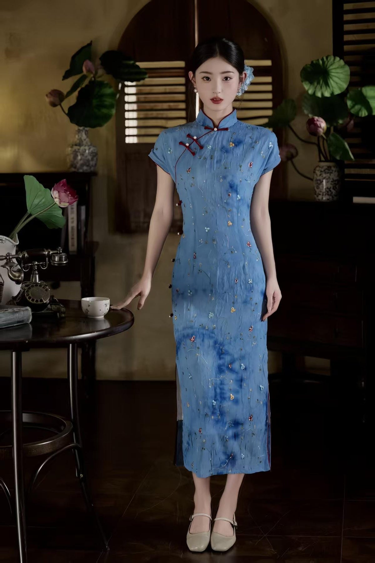 Women's Blue Floral Qipao Cheongsam Dress – additional product view
