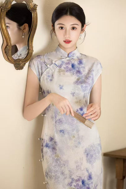 Women's Purple Floral Qipao Cheongsam Dress – Linen Midi Fitted – additional product view