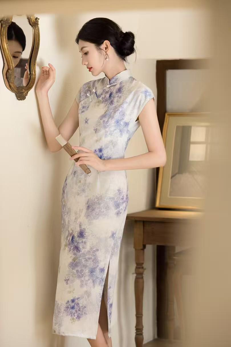 Women's Purple Floral Qipao Cheongsam Dress – Linen Midi Fitted – additional product view