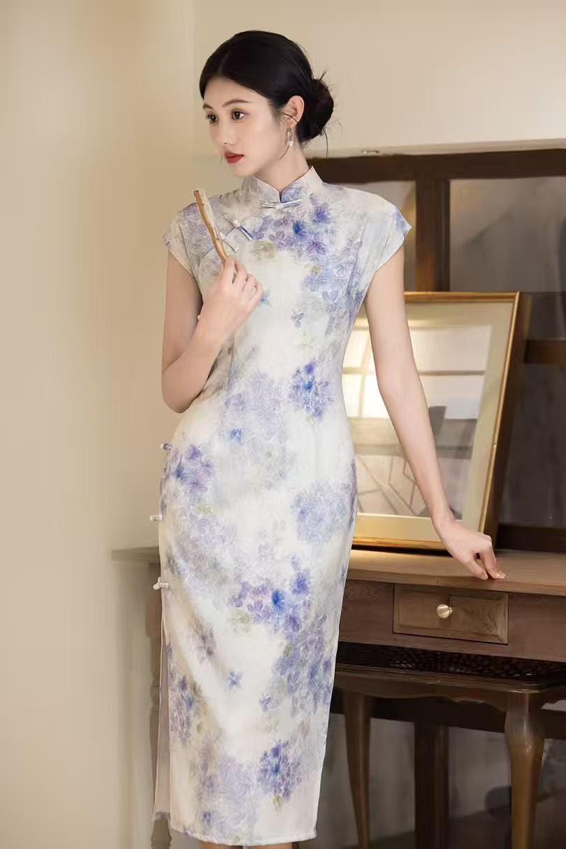 Women's Purple Floral Qipao Cheongsam Dress – Linen Midi Fitted