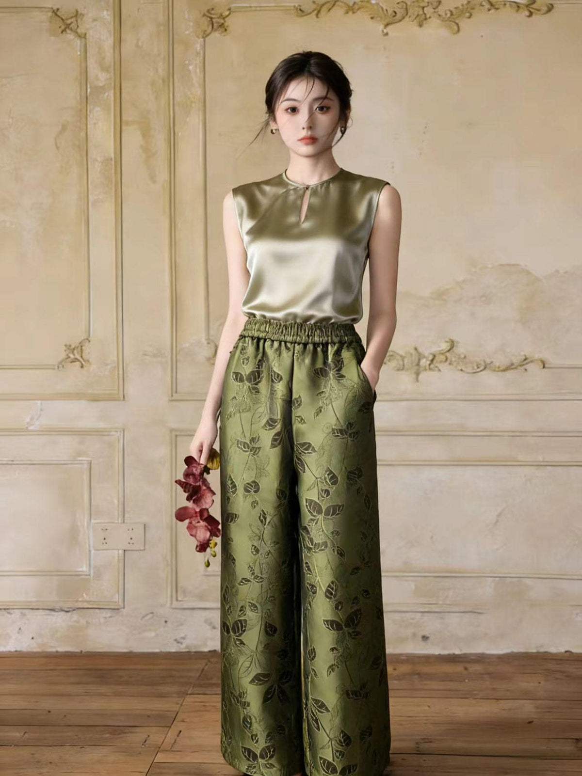 Embroidered Jacquard Silk Chinese Style Wide-Leg Pants